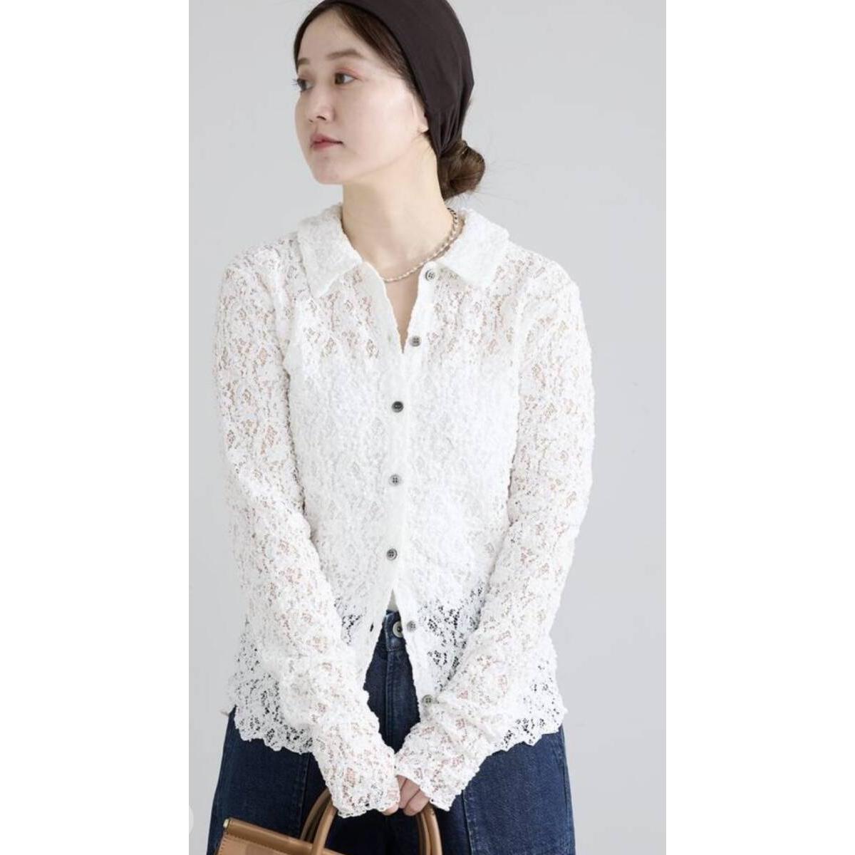 USEDIENA/Iena [Flower Stretch Lace Polo Shirt] White Free Size Bay Cruise