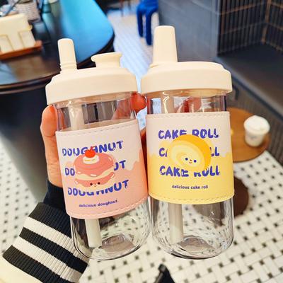 Sticlă de apă drăguță pentru cafea, suc, lapte, Kawaii, plastic, ceașă pentru ceai cu bule cu capac și pai, portabilă, reutilizabilă, sticlă de băut fără BPA