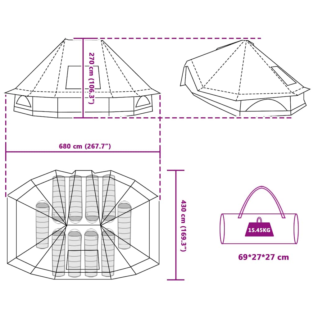 Tipi Tent with Roof Grey and Orange 680 x 430 x 270 cm Taffeta