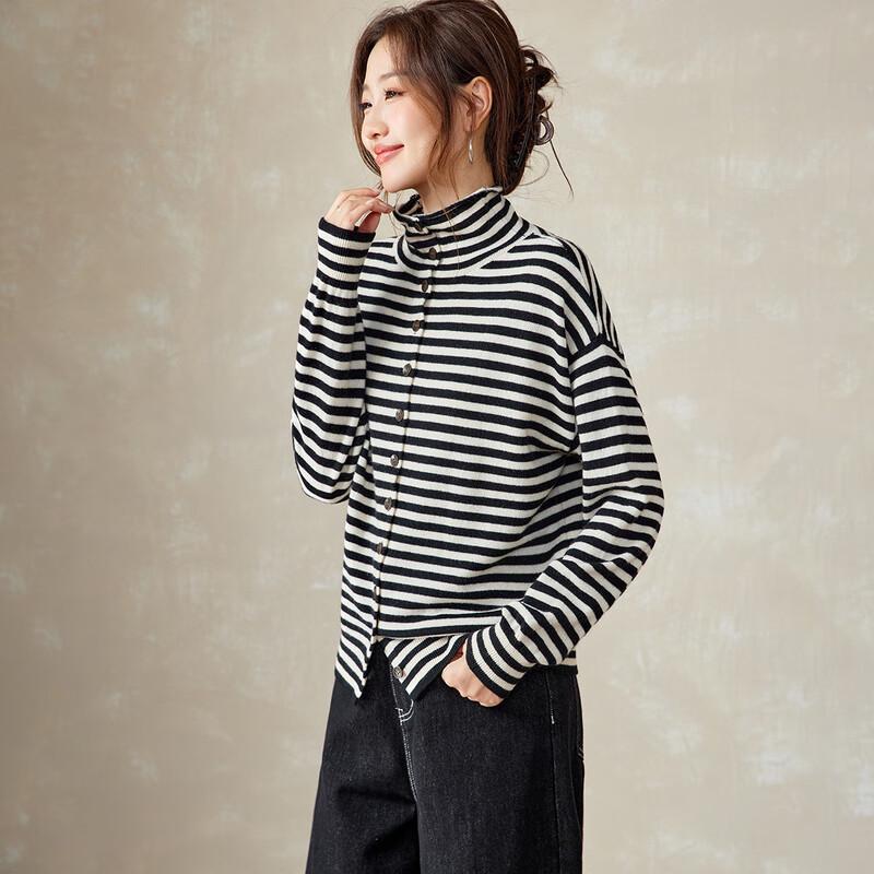 Srcr Women's 100% Merino Wool Striped Knit Cardigan