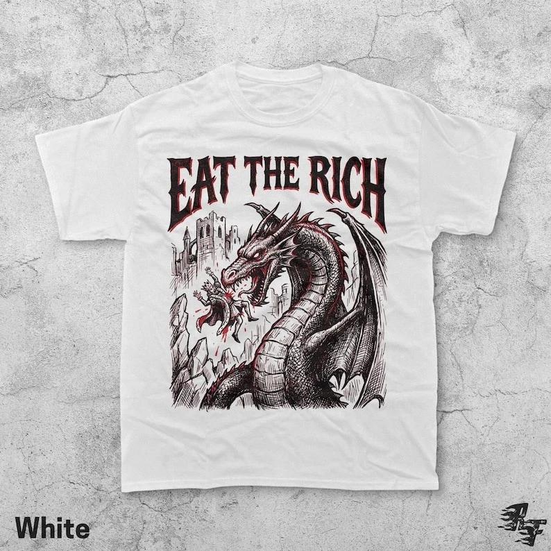 Eat The Rich Dragon Graphic T- Shirt, Vintage 90s Style Fantasy Tee S
