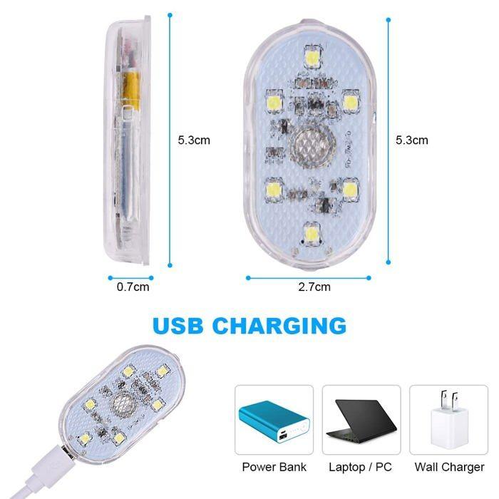 Éclairage intérieur voiture 2 pièces 6 LED blanc rechargeable sans fil - interrupteur tactile, fixation 3M/magnétique