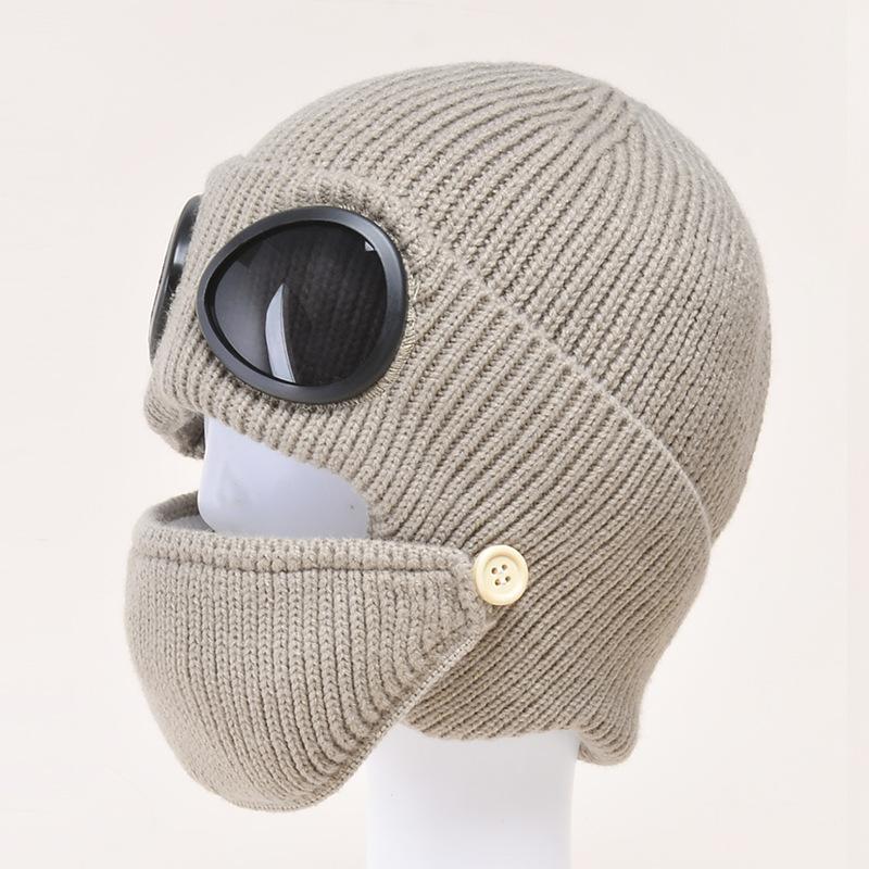Mask Autumn Winter Hats Men New Aviator Glasses Warm Hats Ear Protection Plus Velvet Warm Wool Knitted Adjustable Hats