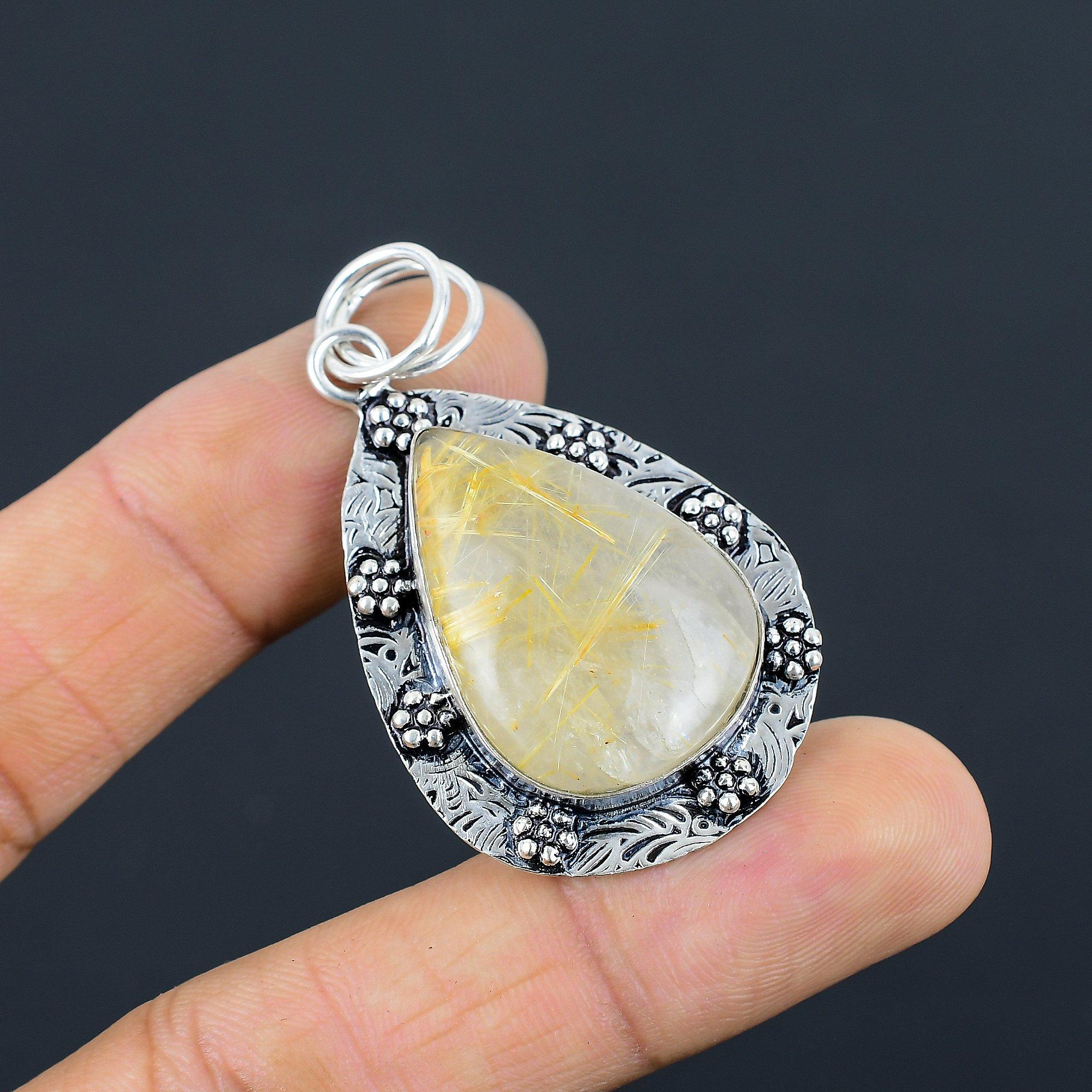 Mothers day Deal Natural Golden Rutile 925 Sterling Silver Ethnic Wife Pendant