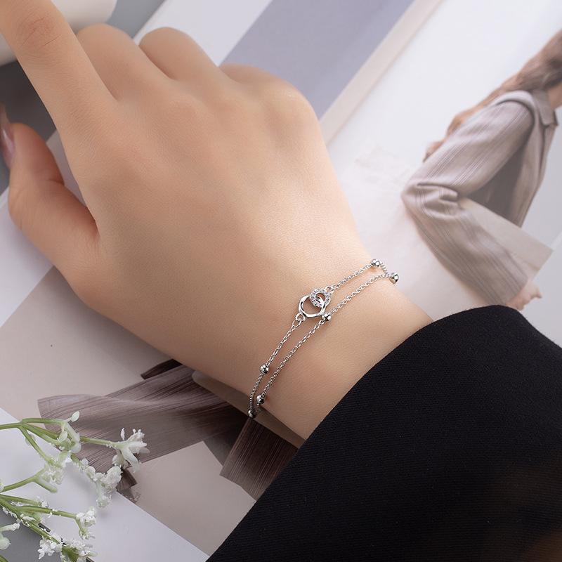 925 Silver Double Love Heart Hollow Round Beads Bracelet Female Fashion Romantic Jewelry Classic Adjustable