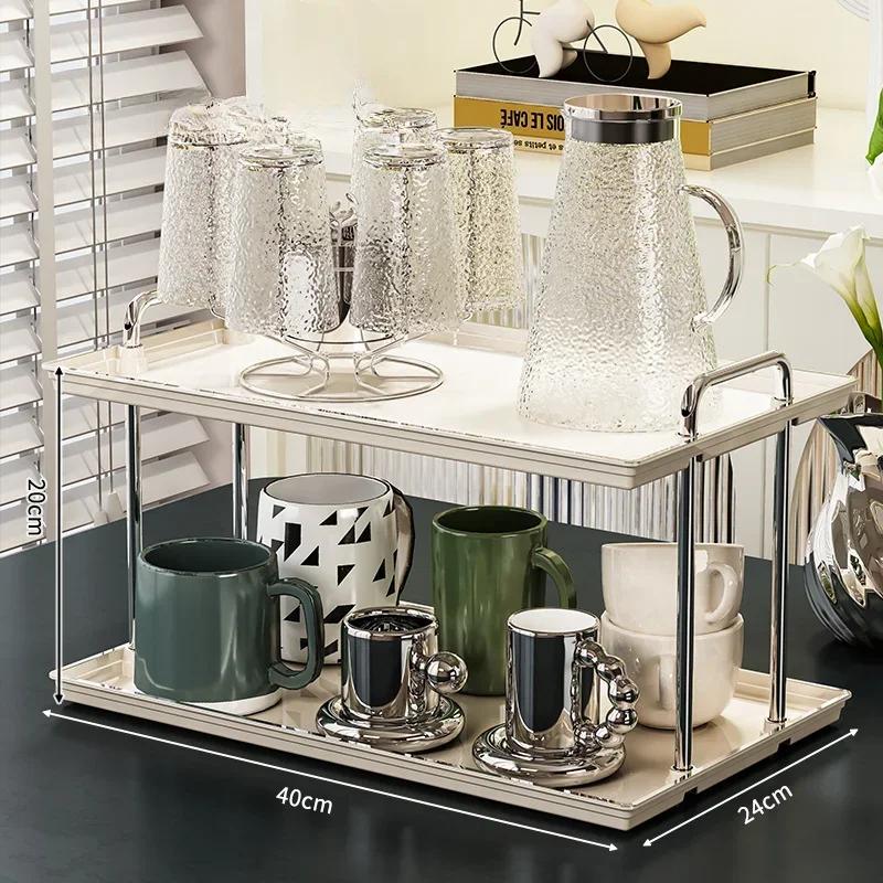Cup Storage Rack Desktop Dual Ear Cup Holder Light Luxury Plastic Material Tray Living Room Household High-capacity Storage Rack