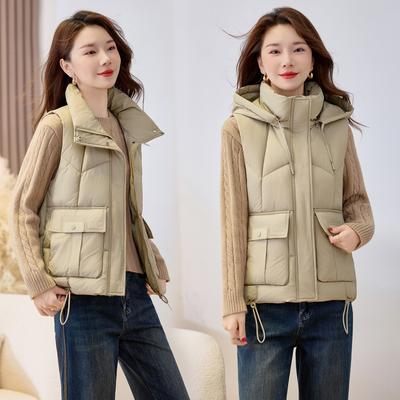 New Fall and Winter Women's Lightweight Sleeveless Undershirt Hooded Solid Color Thickened Warm Sports and Leisure Loose Lightweight Jacket