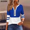 Women's Fashion Casual Spring Autumn Colour Block Print Long Sleeve V-Neck Blouses & Shirts