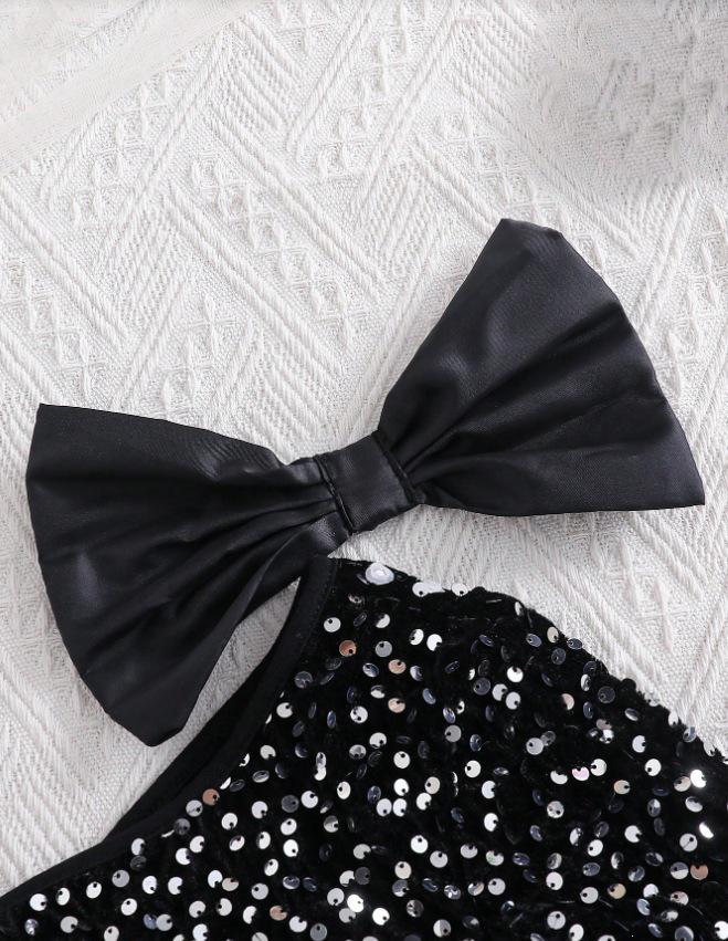 European & American Children's Elegant Sequin One-Shoulder Bow Princess Dress