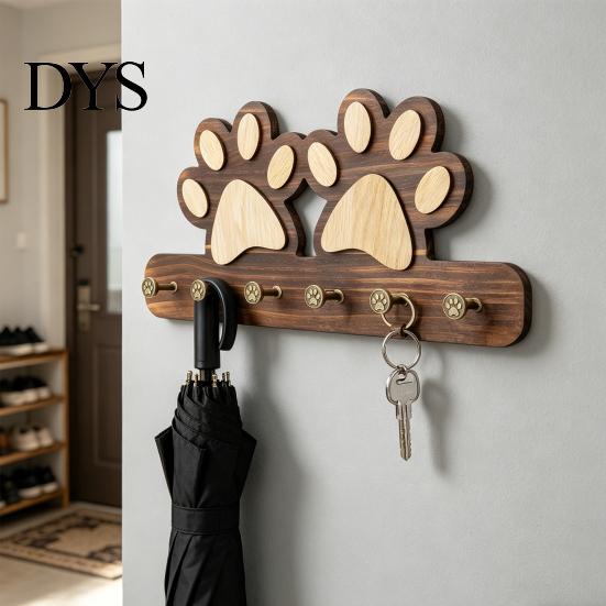 Wall Hook with Dog Paw Shape Key Holder Wood Anti-Rust Wall-mounted Metal Hooks Organizer for Keys Pet Leashes Scarves Small Items Rack