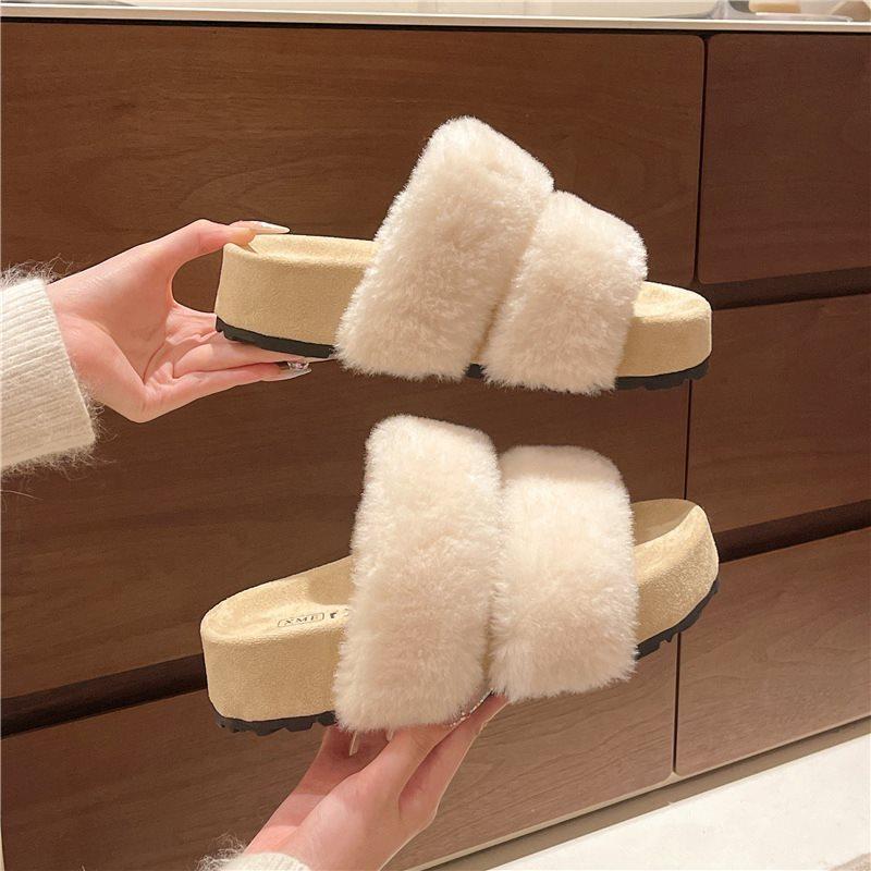 Flat Heel Autumn and Winter One-word Slippers Women's New One-word Drag Super Fire Outer Wear Internet Celebrity Versatile Suede 2025 Simple Black