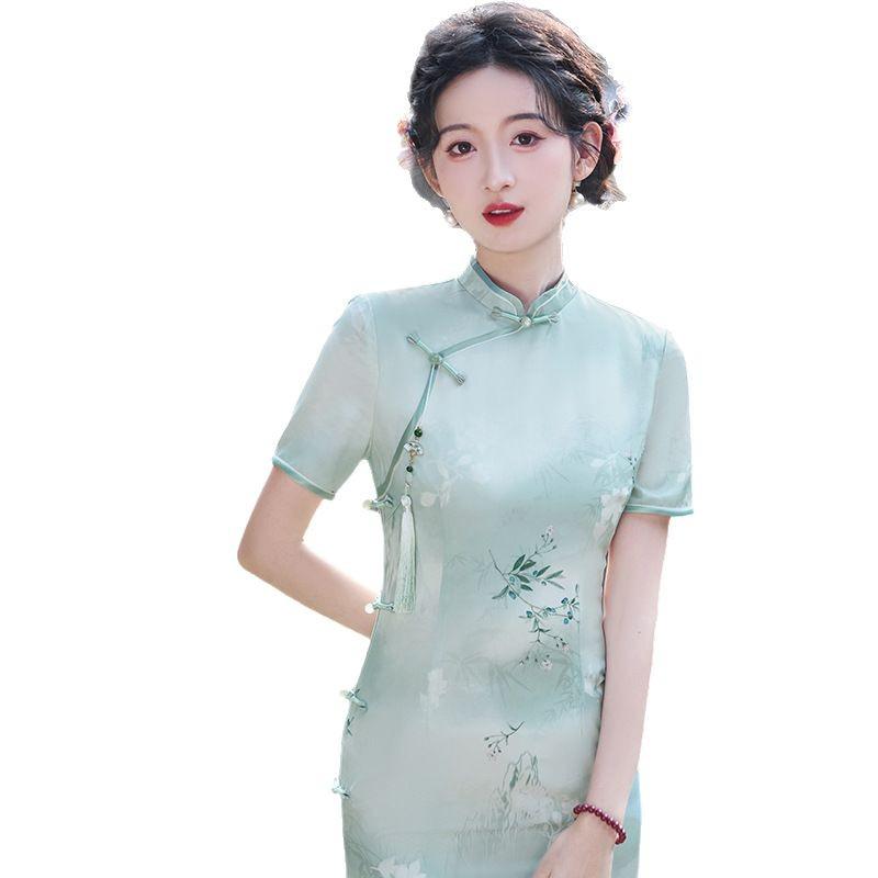2025 Summer Elegant Long Cheongsam - Young Style with Stand Collar & Slit
