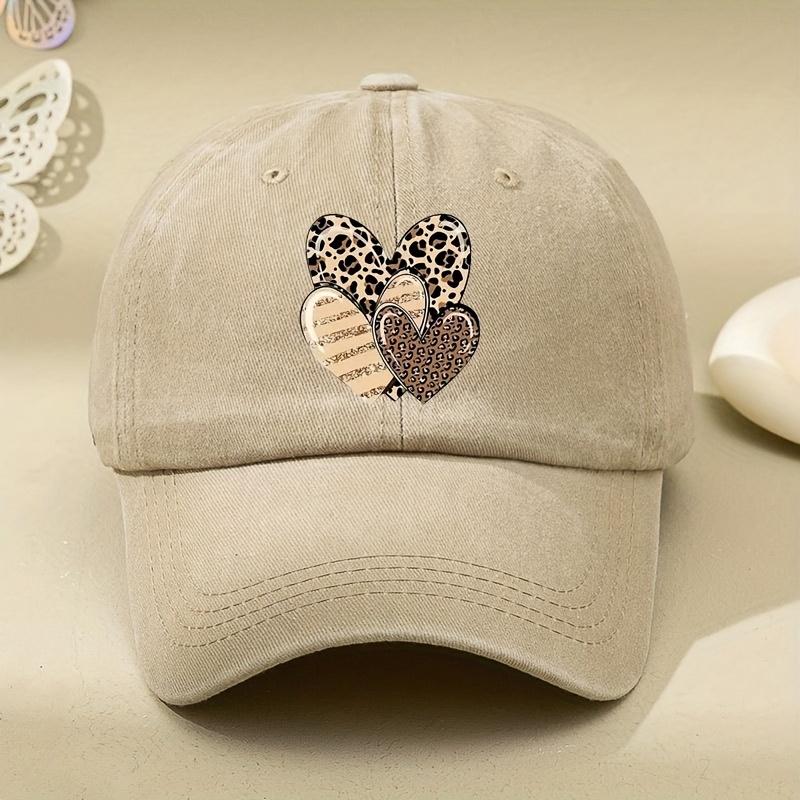 Three Leopard Print Love Pattern Women's Washed Baseball Caps, Multi-functional Dad Hat, Adjustable Sports Outdoor Cap