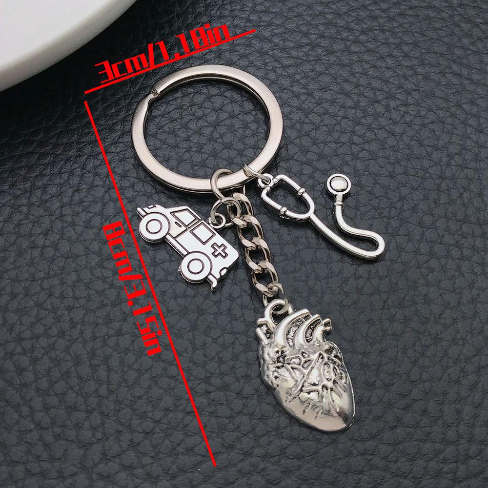 Antique Silver Medical Syringe Stethoscope Heart Keychain Pendant
