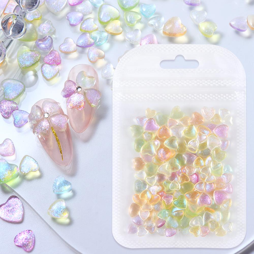 100pcs 3D Transparent Colorful Love Heart Charm Nail Art Rhinestone Decoration DIY Manicure Accessories Nail Stylist Supplies
