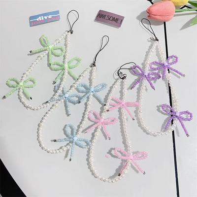 Korean Designer Pink Pearl Bow Knot Phone Lanyard and Keychain