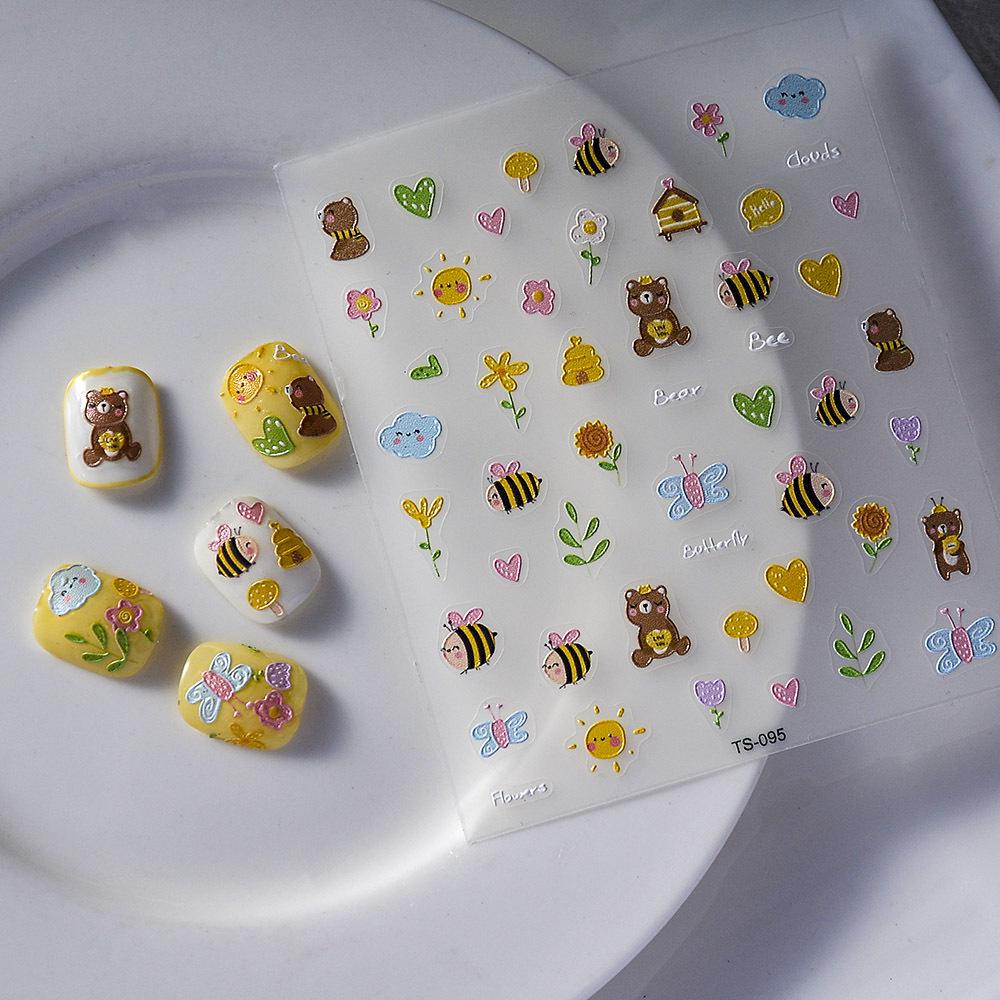 Vibrant Rainbow Flower 5D Nail Art Stickers - Cartoon Star & Small Patterns, Long-Lasting & Waterproof for Kids