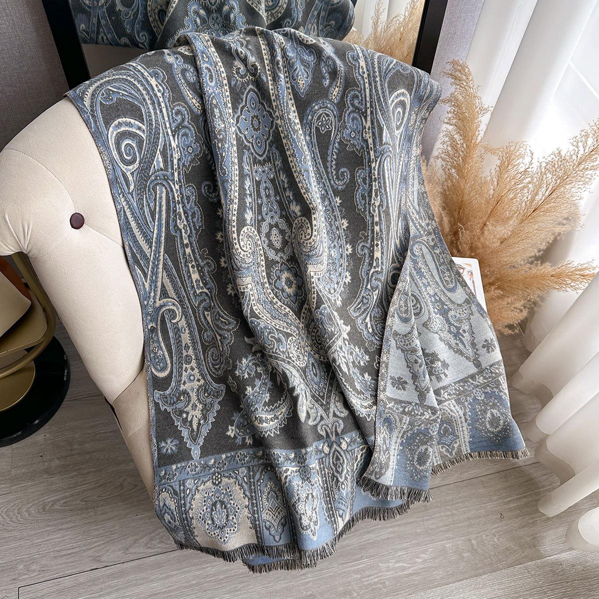 

Ретро Этнический Стиль Шаль, Жаккардовый Кашемировый Платок с Бахромой, Женский Для Путешествий на Открытом Воздухе, Уличная Декорация Двусторонний 185x65cm серый