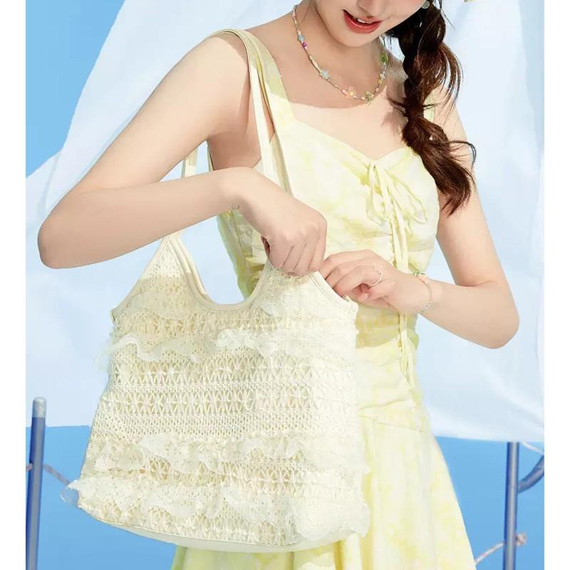 

2026 New Style Woven Bag Casual Vacation Large Capacity Shoulder Fairy Lace Mesh Underarm покинуть белый