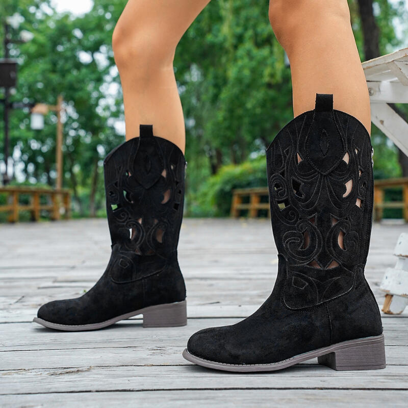 Classic Suede Western Cowboy Boots Women 2025 Autumn Vintage Hollow Out Medium Heel Riding Boots Ethnic Style Designer Shoes