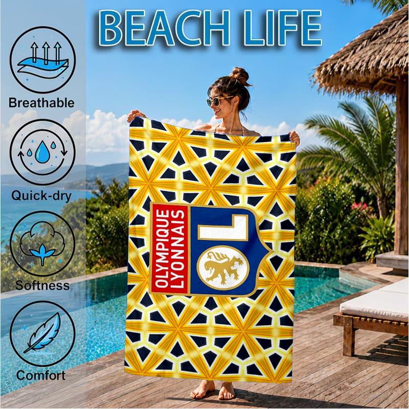Lyon Football Crest Design Printed Microfiber Beach Towel, Soft And Absorbent, Quick-Dry, Ideal for Summer Travel, Beach Essential, Swimming Pool