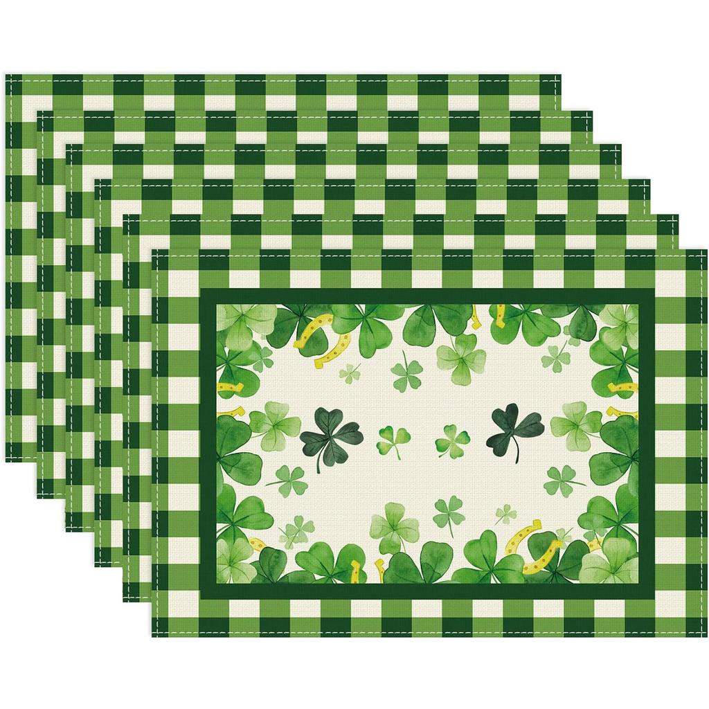 4/6pcs Green Plaid Four-Leaf Clovers Shamrocks Horseshoes St. Patrick's Day Placemats for Party Home Kitchen Dining Table Decora