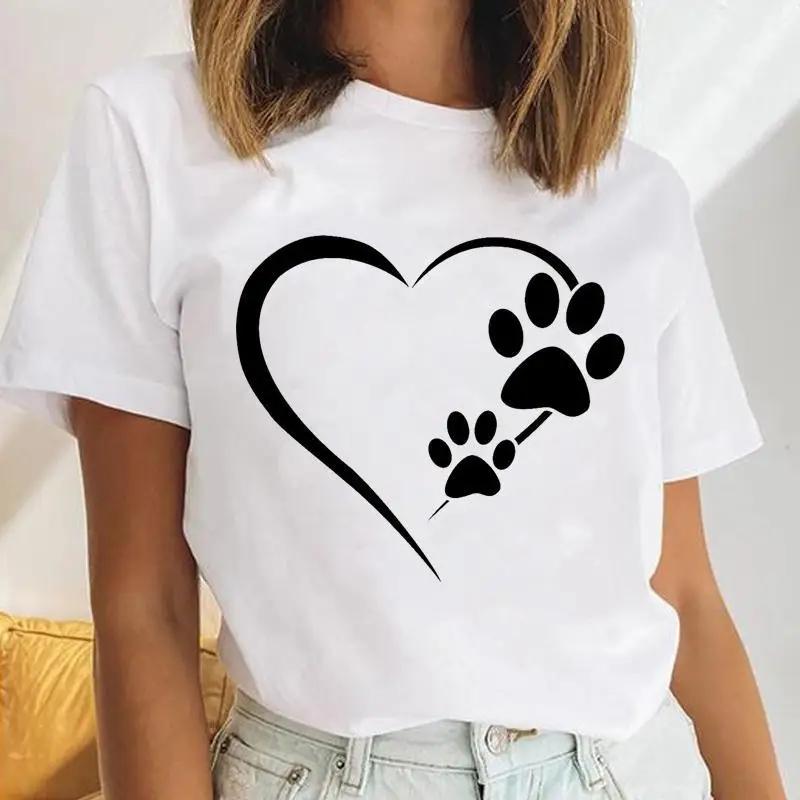Damen Hunde PFOTEN Liebe Muster Cartoon T-Shirt Kurzärmelig Lässig Harajuku Stil Kurzärmeliges Grafik T-Shirt