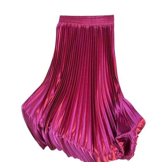 Maxi Skirt High Waist Glossy Long Skirt Solid Color Pleated Design Large Hem Dance Skirt Work Leisure Daily Wear