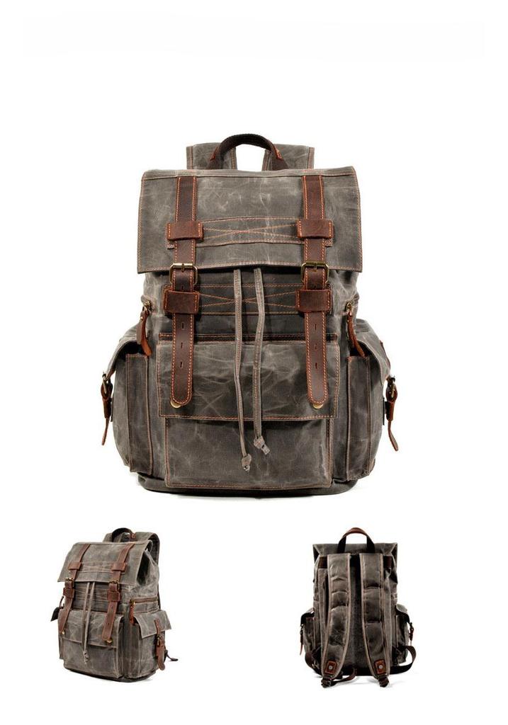 European Retro Double Shoulder Backpack - Waxed Canvas & Genuine Leather for Travel, Outdoor, and Casual Use