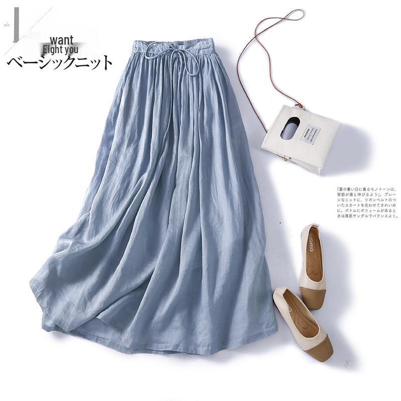 2023 Summer Japanese & Korean Loose Flowy Linen Midi Skirt with Elastic Waist