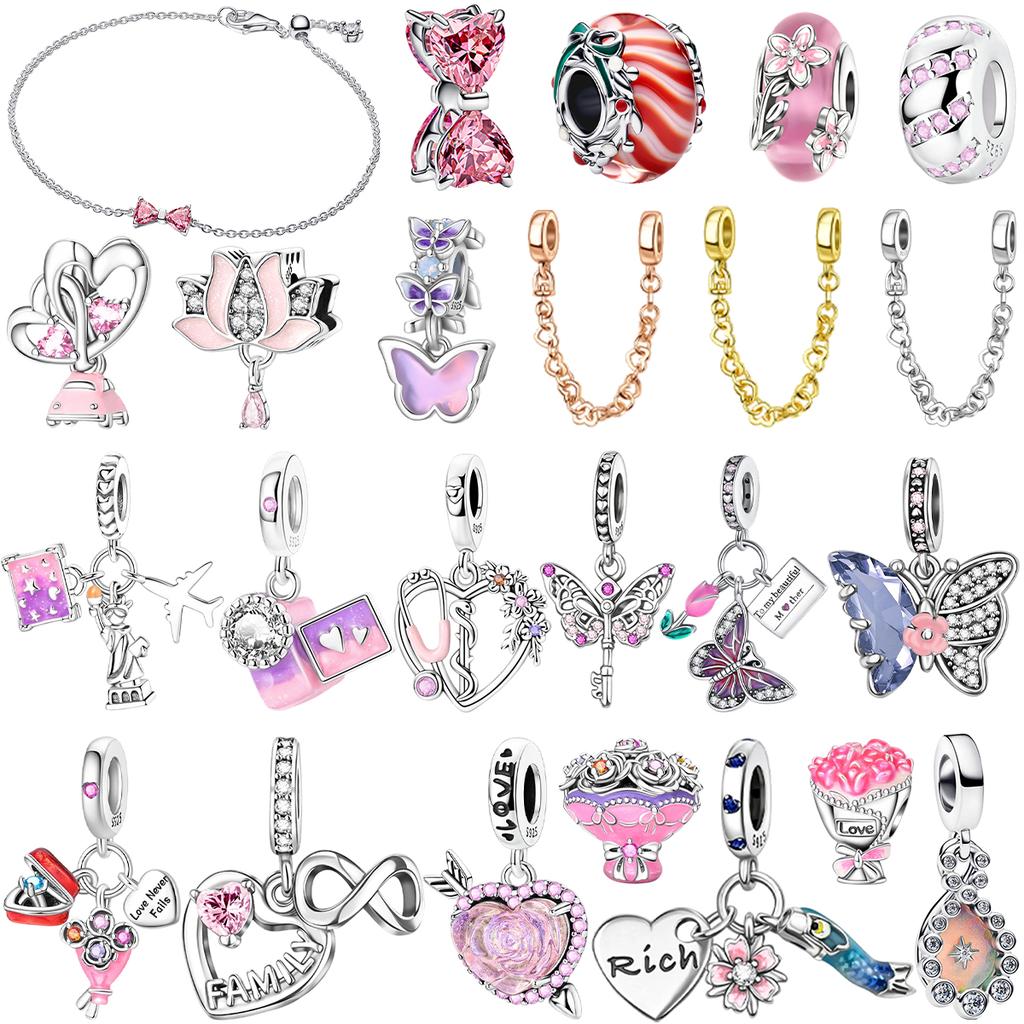 New In Original Pink Charms Copper Bow Charms Butterfly Flower Beads Fit Necklaces Bracelets For Women Diy Fine Jewelry Gift