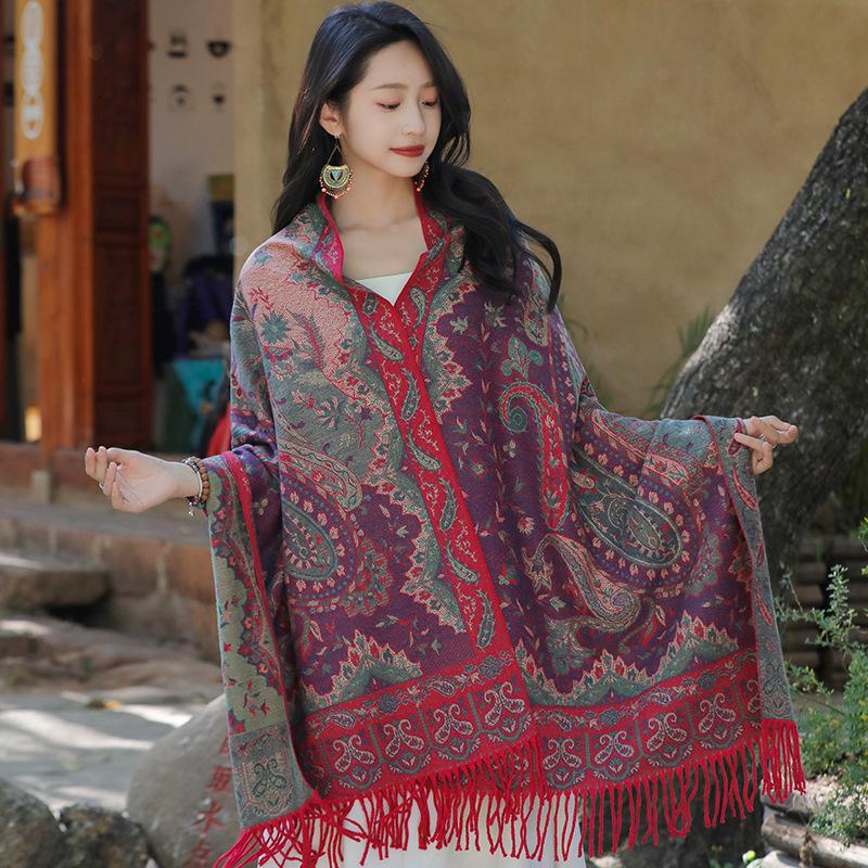 Ethnic Style Cashew Pattern Shawl Cloak Scarf: Imitation Cashmere, Thick, Dual-Purpose Women's Accessory for Autumn/Winter