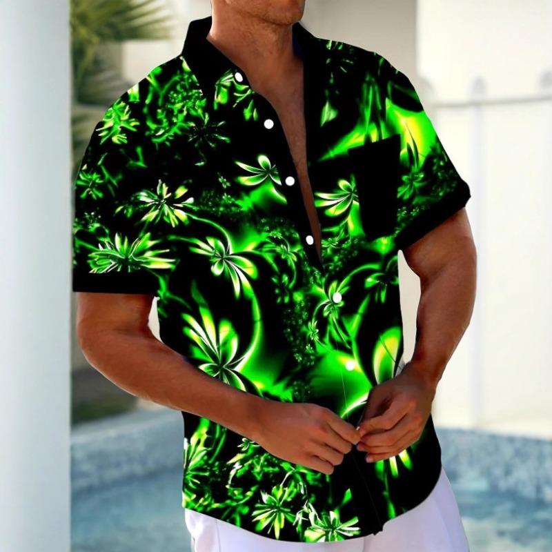 Men's Summer Casual Button Down Shirt Abstract Floral Print Short Sleeve Hawaiian Shirt