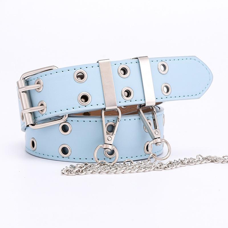 Chic Faux Leather Belt For Casual Denim With Unique Chain Accents Available In Various Fashionable Colors