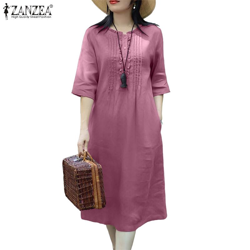 ZANZEA Women Casual Round Neck Loose 3/4 Sleeve Plain Dress