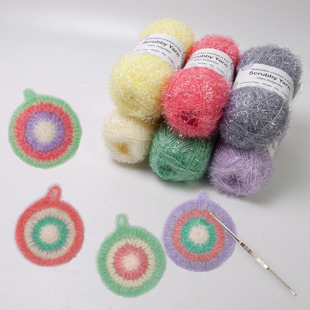 Scrubby Yarn for Scrubbies 6pcs Scrubbing Yarn Multi Colored Polyester for Dish Scrubber Crochet and Knitting Project Craft Kit