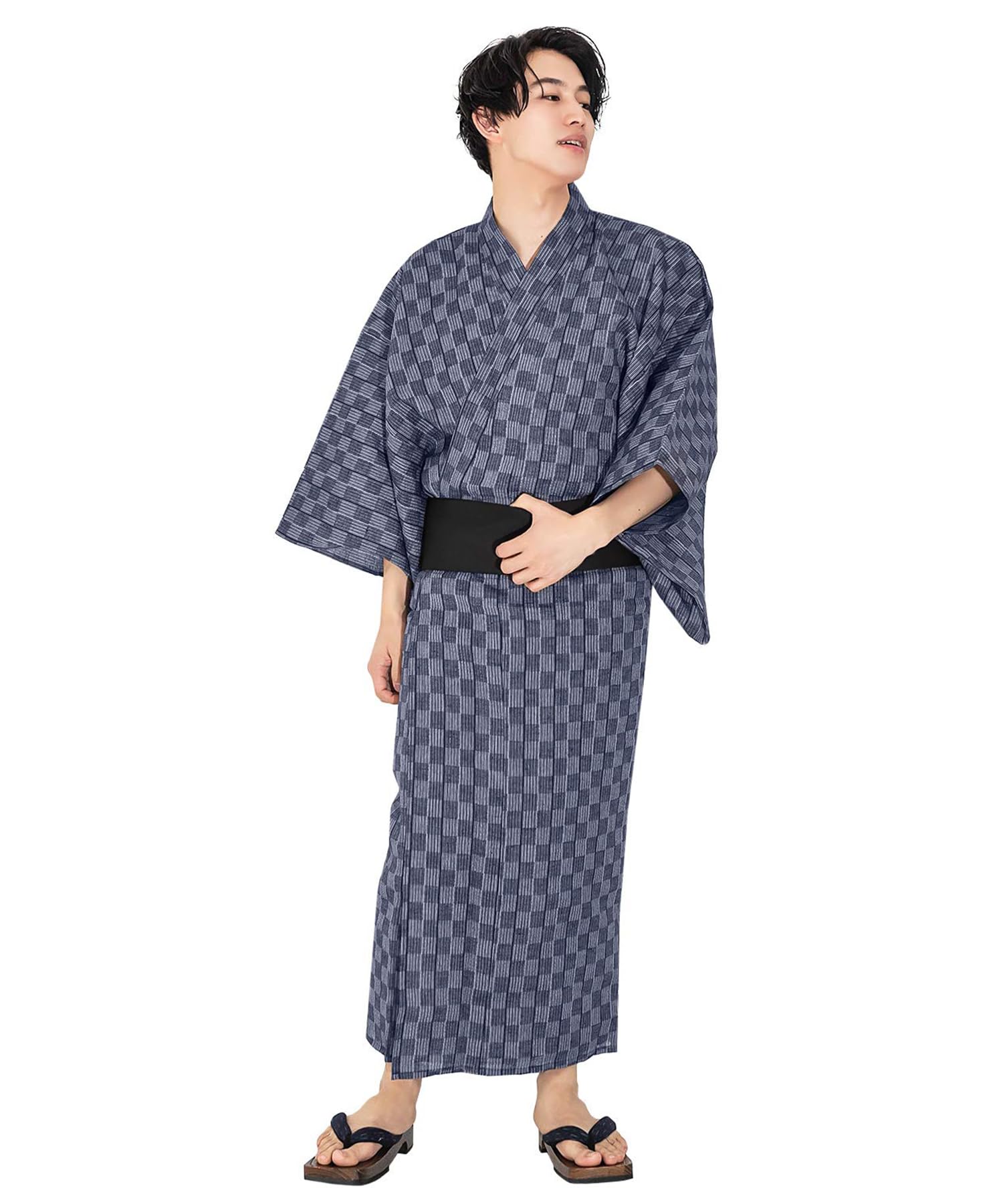 

Kyoetsu Юката Черный и Комплект Размера Клетчатый Узор x Темно-синий Квадратный Мужской Комплект, Темно-синий, Стильный, C, 4 предмета (L, C-18. (Оби на липучке, черный))