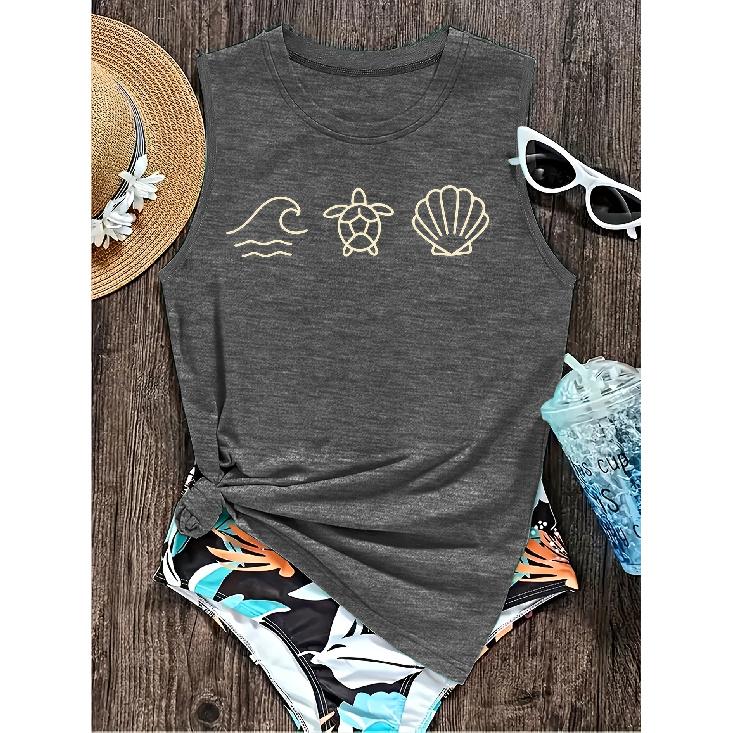 Elegant Vest for Women Wave, Sea Turtle, and Shell Pattern Printed Casual Loose Summer Vest Fashionable and Elegant Tops for Commuting, Vacation, and