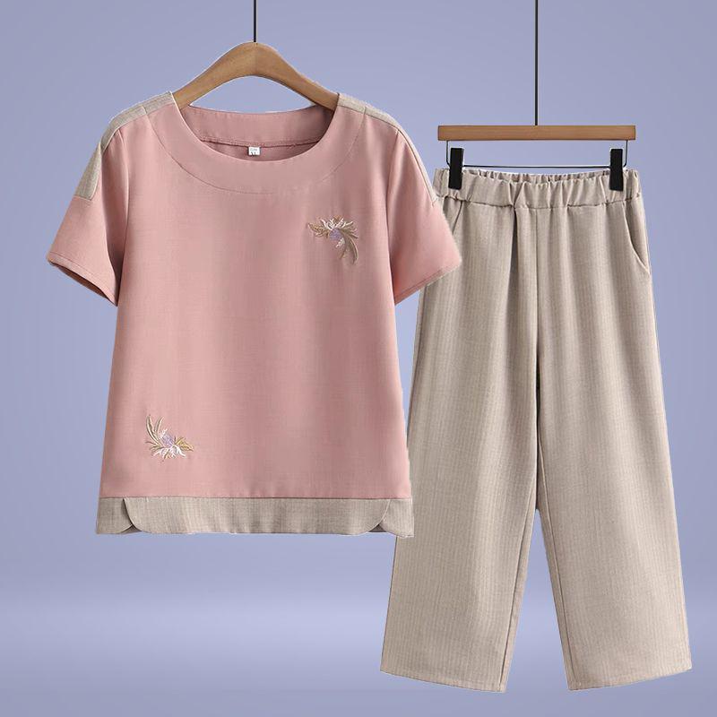 Brand Mom 2026 New Summer Cotton Linen Two-Piece Set: Short Sleeve T-shirt & Top for Middle-aged and Elderly Women