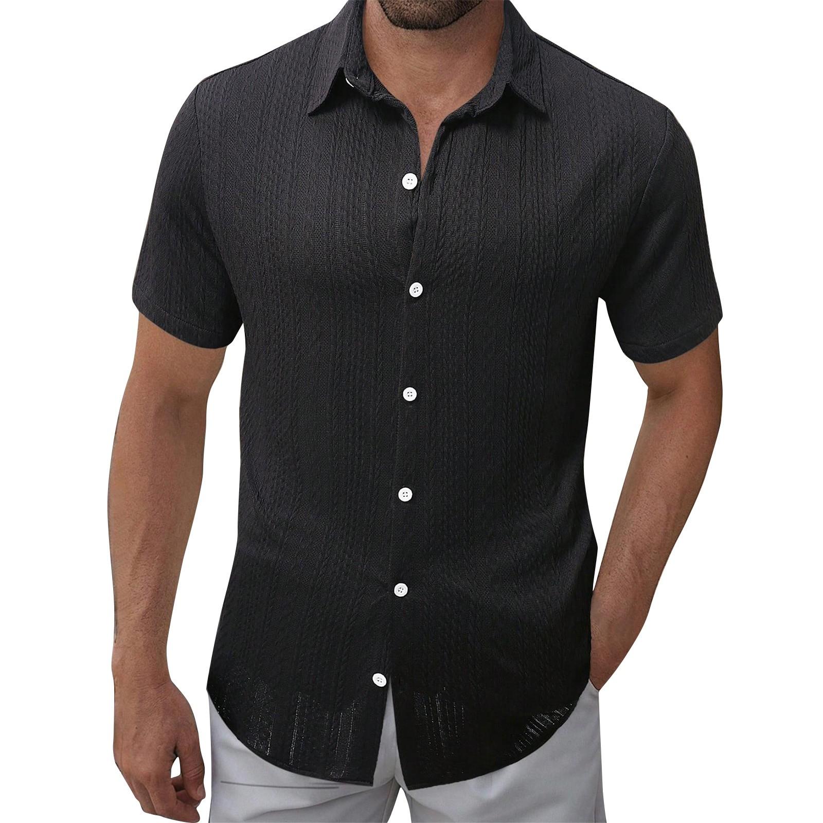 

Men s Solid Color Texture Casual Loose Button Lapel Short Sleeve Shirt XXL чорний