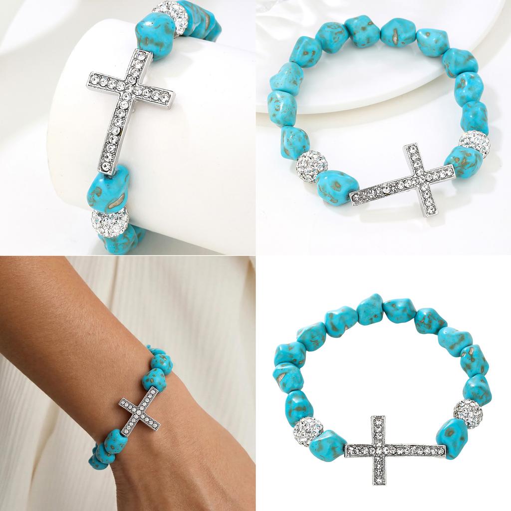 Adjustable Crosses Charm Elastic Bracelet Turquoise Beaded Jewelry for Versatile Styling Women Men