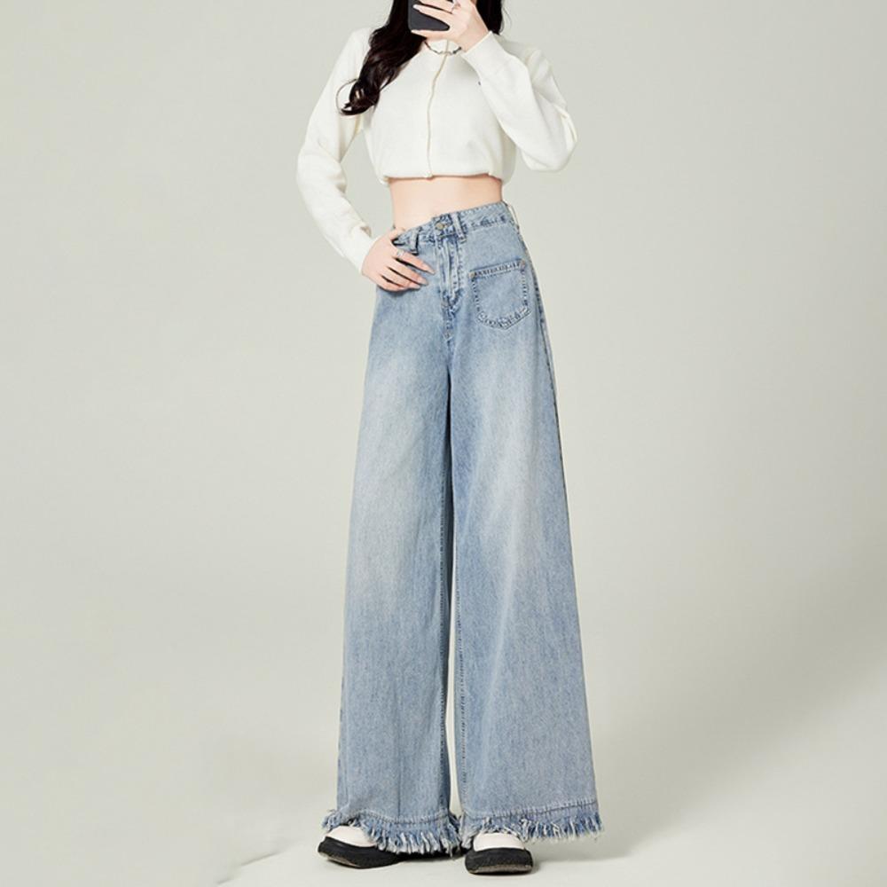 American High-waisted Wide-leg Jeans Women's Spring and Autumn New Rough Edge Design Loose Drape Floor-mopping Jeans