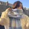 White Cream Blue and White Plaid Mohair Scarf Women's Versatile Shawl Fluffy Warm Scarf