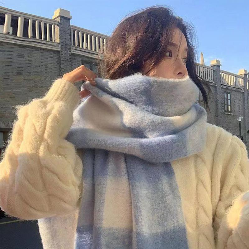 White cream blue and white plaid mohair scarf women's versatile shawl fluffy warm scarf