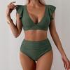 Women’s Two Piece High Waist Ruffle Bikini Set V Neck Swimsuit with Sleeves and Sporty Swimwear Design