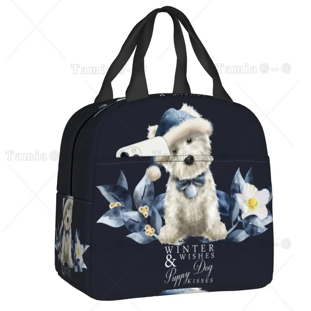 Westies Polka Dot Cartoon Pattern Insulated Lunch Bag Leakproof West Highland White Terrier Dog Thermal Cooler Lunch Tote Kids
