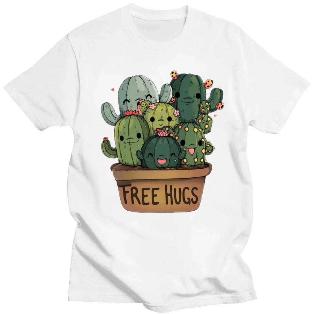 Heavyweight Informal New Arrival Fashion Free Hug Plants Cactus Print Unisex Tee Shirt Female Graphic Cotton Streetwear Camisas