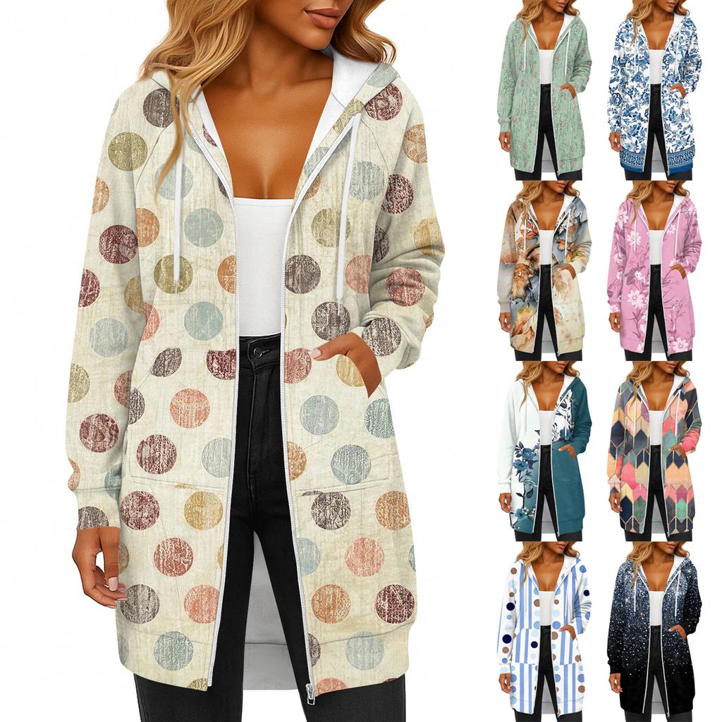 Women's Fashionable Printed  Long Sleeved Drawstring Hooded Zipper Pocket Long Casual Sweatshirt Jacket