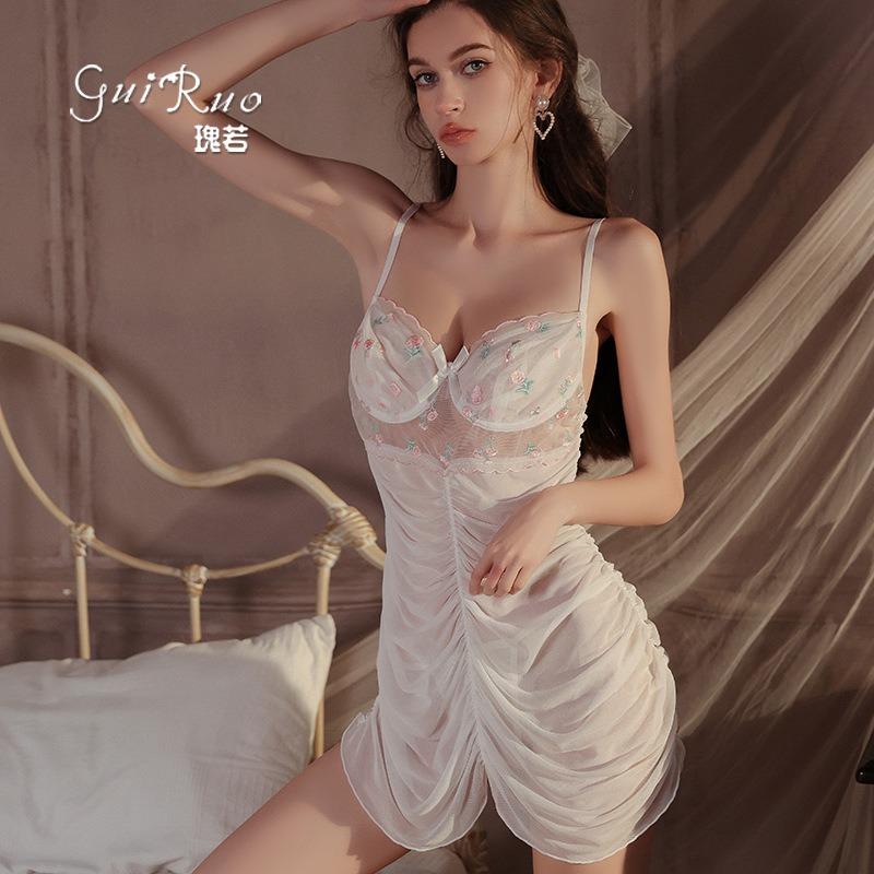 Sexy underwear pleated mesh perspective seduction embroidery lace steel ring gathering sexy nightdress set
