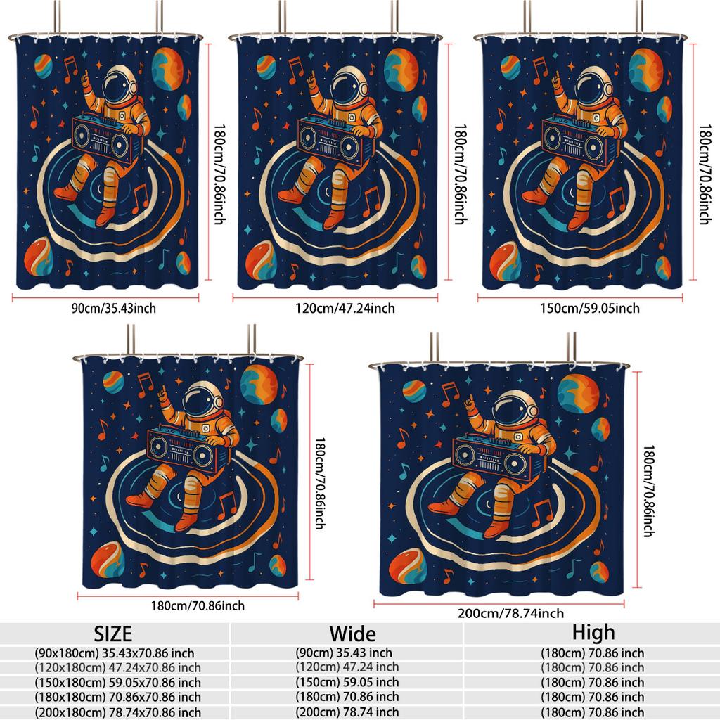 1PC Cartoon Astronaut Boombox Starry Sky Shower Curtain, Waterproof Fabric Bathroom Partition Privacy Hanging Curtain
